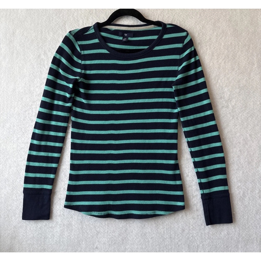 Gap Thermal Long Sleeve Navy Blue Green Top M‎ Y2K Grunge Indie Sleaze Fitted